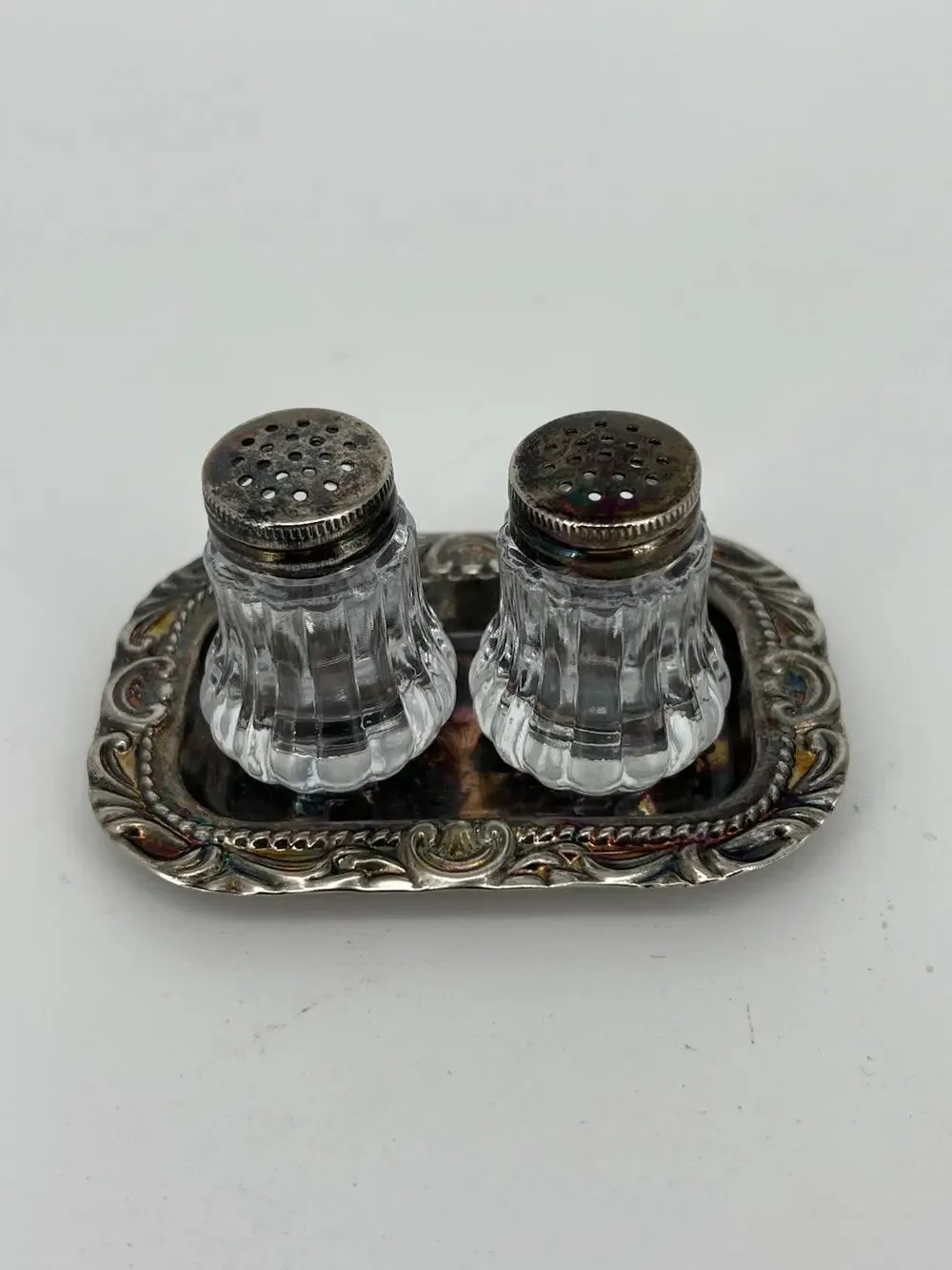 Vintage Salt & Pepper Shaker Set Glass Shakers w/ Ornate Metal Tray